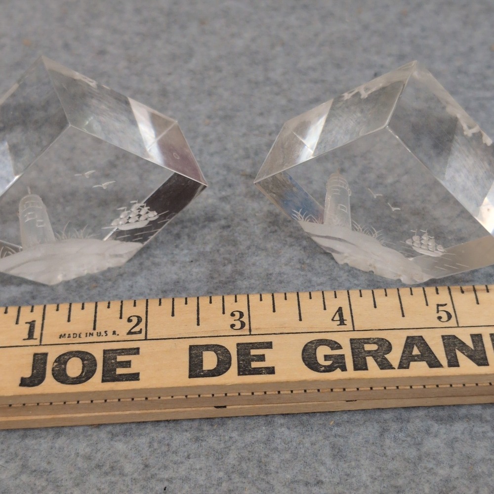 Vtg Intaglio Etched Nautical Lighthouse Ship Clear Cube Paperweights Set of 2 - Picture 4 of 5